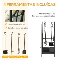 Outsunny Suporte para Lenha de 2 Níveis Porta Lenha Exterior e Interior Metálico com 4 Ferramentas para Lareira Carga Máx. 70kg 44,5x29,x73 cm Preto(m-5)