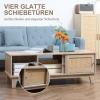 HOMCOM Couchtisch in Wienergeflecht-Optik mit offenen Schrankfächern und Schiebetüren 120 cm x 50 cm x 42,5 cm Natur(m-5)