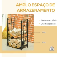 Outsunny Suporte para Lenha de 2 Níveis Porta Lenha Exterior e Interior Metálico com 4 Ferramentas para Lareira Carga Máx. 70kg 44,5x29,x73 cm Preto(m-4)
