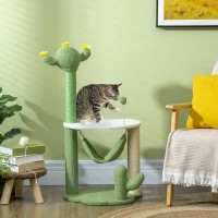 PawHut Árvore Arranhador para Gatos com Forma de Cacto com Rede Plataforma Postes de Sisal e Bola Divertida 45x45x90cm Verde(m-2)