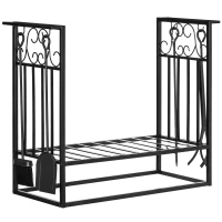 HOMCOM Suporte para Lenhas 75x30x60cm Porta Lenha com Desenho Vintage com 4 Ferramentas Base Elevada Carga Máxima 100kg Aço Preto(m-1)