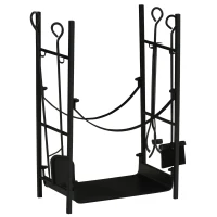 Outsunny Suporte para Lenha de 2 Níveis Porta Lenha Exterior e Interior Metálico com 4 Ferramentas para Lareira Carga Máx. 70kg 44,5x29,x73 cm Preto(m-1)