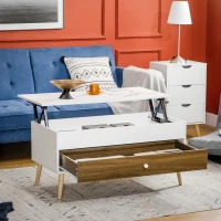 HOMCOM Mesa de Centro Elevable con Almacenamiento Oculto y Cajón para Oficina Estudio 100x50x49-62 cm Blanco y Roble(m-2)