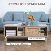 HOMCOM Couchtisch in Wienergeflecht-Optik mit offenen Schrankfächern und Schiebetüren 120 cm x 50 cm x 42,5 cm Natur(m-4)