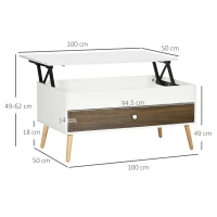HOMCOM Mesa de Centro Elevable con Almacenamiento Oculto y Cajón para Oficina Estudio 100x50x49-62 cm Blanco y Roble(m-3)