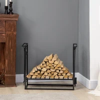 HOMCOM Suporte para Lenhas 75x30x60cm Porta Lenha com Desenho Vintage com 4 Ferramentas Base Elevada Carga Máxima 100kg Aço Preto(m-7)