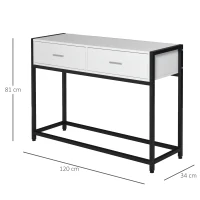 HOMCOM Tavolo Consolle per Ingresso con 2 Cassetti, Piano d'appoggio in Legno Bianco e Gambe in Metallo Nero 120x34x81cm(m-3)