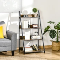 HOMCOM Leiterregal im Industriedesign 4 Regale 63,5 cm x 44 cm x 121 cm Holzwerkstoff Stahl Braun + Schwarz(m-9)