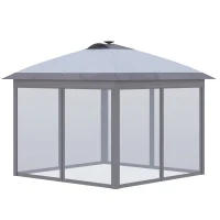 Outsunny Pavillon Faltpavillon mit LED Solar Lichterkette USB-Ladeanschluss Pop-Up-Pavillon 3,3 x 3,3 m Gartenpavillon inkl. Tasche atmungsaktivem Dach Oxford Mesh Grau(m-1)