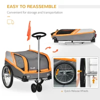PawHut Dog Bike Trailer 2-in-1 Trolley Stroller Cart Bicycle Carrier for Cat Puppy Travel w/ Reflectors Hitch Coupler Red Flag - Orange(m-8)