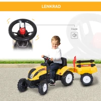 HOMCOM Trapauto met aanhanger tractor traptractor vanaf 3 Jaar speelgoed kinderen geel(m-5)