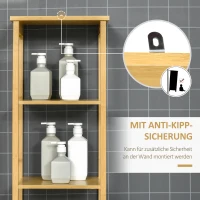 kleankin Badkamerkast, Hoge Kast met Drie Planken en een Kastvak met Lamellendeur, Kantelbeveiliging, Bamboe, 34 x 30 x 173 cm(m-7)