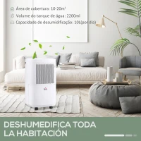 HOMCOM Desumidificador Elétrico 2200ml 10L/dia Silencioso Controlo com APP e Wifi 6 Modos Ecrã LED e Rodas 28x24x50cm Branco(m-5)