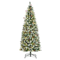 HOMCOM Árvore de Natal Nevada Artificial 180cm com 300 Luzes LED Branco Quente 618 Ramos Ignífugos de PVC Decorações Incluidadas e Base Dobrável Ø65x180cm Verde(m-11)