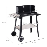 Outsunny Grill na kółkach Grill ogrodowy Grill stojący z ochroną przed wiatrem 2 półki ruszt do grilla z regulacją wysokości metal czarny 83 x 45 x 87 cm(m-3)