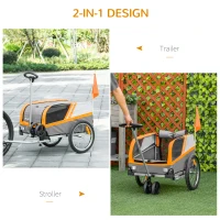 PawHut Dog Bike Trailer 2-in-1 Trolley Stroller Cart Bicycle Carrier for Cat Puppy Travel w/ Reflectors Hitch Coupler Red Flag - Orange(m-6)