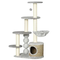 PawHut kattenboom met kattengrot, hangmat en 3 krabpalen 60 cm x 40 cm x 115,5 cm lichtgrijs(m-1)