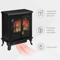 HOMCOM Cheminée électrique poêle Style néo-rétro 2 Portes Verre trempé 1000/2000 W LED luminosité réglable Acier ABS Noir(m-6)