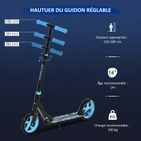HOMCOM Trottinette Pliable Adulte Enfant à partir de 14 Ans béquille Frein à Friction arrière Hauteur Guidon réglable 3 niv. Roues à 20 cm alu. métal Noir Bleu(m-4)