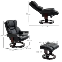 HOMCOM Faux Leather Recliner Chair and Footstool, Swivel Upholstered Armchair and Footstool with Adjustable Backrest, Solid Wood Base for Living Room, Black(m-3)