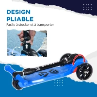 HOMCOM Trottinette enfant pliable - 3 roues lumineuses LED - hauteur guidon réglable - frein à friction arrière - métal PP pour enfants de 3 à 8 ans bleu(m-4)