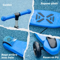 HOMCOM Trottinette enfant pliable - 3 roues lumineuses LED - hauteur guidon réglable - frein à friction arrière - métal PP pour enfants de 3 à 8 ans bleu(m-7)
