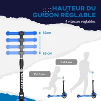 HOMCOM Trottinette enfant pliable - 3 roues lumineuses LED - hauteur guidon réglable - frein à friction arrière - métal PP pour enfants de 3 à 8 ans bleu(m-6)