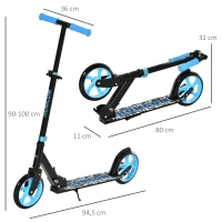 HOMCOM Trottinette Pliable Adulte Enfant à partir de 14 Ans béquille Frein à Friction arrière Hauteur Guidon réglable 3 niv. Roues à 20 cm alu. métal Noir Bleu(m-3)