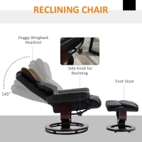 HOMCOM Faux Leather Recliner Chair and Footstool, Swivel Upholstered Armchair and Footstool with Adjustable Backrest, Solid Wood Base for Living Room, Black(m-4)