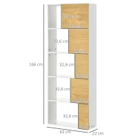 HOMCOM Estantería con 5 Estantes con Puertas Asimétricas Librería para Salón Dormitorio 63x22x166 cm Blanco y Natural(m-3)