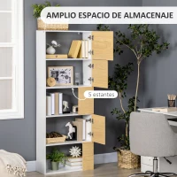 HOMCOM Estantería con 5 Estantes con Puertas Asimétricas Librería para Salón Dormitorio 63x22x166 cm Blanco y Natural(m-4)