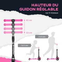 HOMCOM Trottinette enfant pliable - 3 roues lumineuses LED - hauteur guidon réglable - frein à friction arrière - métal PP pour enfants de 3 à 8 ans rose(m-6)