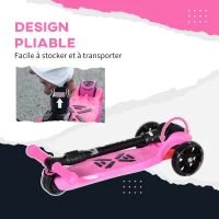 HOMCOM Trottinette enfant pliable - 3 roues lumineuses LED - hauteur guidon réglable - frein à friction arrière - métal PP pour enfants de 3 à 8 ans rose(m-4)