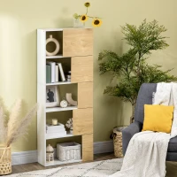 HOMCOM Estantería con 5 Estantes con Puertas Asimétricas Librería para Salón Dormitorio 63x22x166 cm Blanco y Natural(m-2)