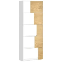 HOMCOM Estantería con 5 Estantes con Puertas Asimétricas Librería para Salón Dormitorio 63x22x166 cm Blanco y Natural(m-1)