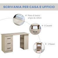 HOMCOM Scrivania PC Moderna per Camera con 3 Cassetti e 3 Scaffali in Legno per Casa e Ufficio 120x49x72cm(m-5)