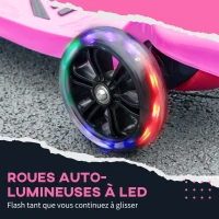 HOMCOM Trottinette enfant pliable - 3 roues lumineuses LED - hauteur guidon réglable - frein à friction arrière - métal PP pour enfants de 3 à 8 ans rose(m-5)