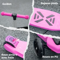HOMCOM Trottinette enfant pliable - 3 roues lumineuses LED - hauteur guidon réglable - frein à friction arrière - métal PP pour enfants de 3 à 8 ans rose(m-7)