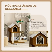 PawHut Árvore Arranhador para Gatos com Casa de Pelúcia Plataforma Poste em Forma de Coqueiro de Sisal 55x40x89cm Marrom(m-5)