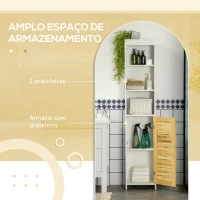 kleankin Coluna Casa de Banho Móvel Auxiliar Casa de Banho com Porta de Bambu e 3 Prateleiras 35x27x171cm Branco e Madeira(m-4)