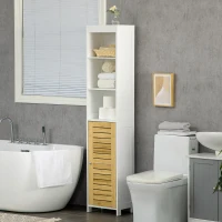kleankin Coluna Casa de Banho Móvel Auxiliar Casa de Banho com Porta de Bambu e 3 Prateleiras 35x27x171cm Branco e Madeira(m-2)