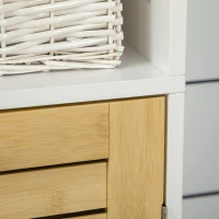 kleankin Coluna Casa de Banho Móvel Auxiliar Casa de Banho com Porta de Bambu e 3 Prateleiras 35x27x171cm Branco e Madeira(m-7)