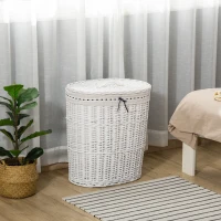HOMCOM Cesto Portabiancheria in Vimini con Coperchio e Sacco Interno in Tessuto Lavabile, Bianco(m-12)