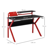 HOMCOM 136 x 66cm Gaming Desk with K Shape Legs, Computer Table with Monitor Stand, Cup Holder, Headphone Hook and Wire Basket, Red(m-3)