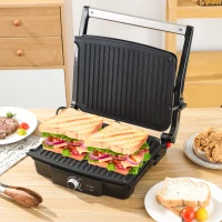 HOMCOM Health Grill & Panini Press, 4 Slice Toastie Machine, 2000W Electric Non-stick Grill with 180° Flat Open, Drip Tray and Adjustable Temperature, Sandwich Toaster Maker(m-13)