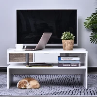 HOMCOM 2-Tier Coffee Table, Modern Living Room Table with Open Shelf, Centre Table with Metal Poles and Elevated Base, White(m-2)