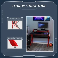 HOMCOM 136 x 66cm Gaming Desk with K Shape Legs, Computer Table with Monitor Stand, Cup Holder, Headphone Hook and Wire Basket, Red(m-6)