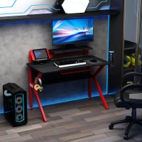 HOMCOM 136 x 66cm Gaming Desk with K Shape Legs, Computer Table with Monitor Stand, Cup Holder, Headphone Hook and Wire Basket, Red(m-10)
