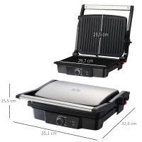 HOMCOM Health Grill & Panini Press, 4 Slice Toastie Machine, 2000W Electric Non-stick Grill with 180° Flat Open, Drip Tray and Adjustable Temperature, Sandwich Toaster Maker(m-3)