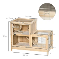 PawHut Wooden Hamster Cage, Mice Rodent Small Animals Kit Hutch, 2 Tiers Exercise Play House, with Sliding Tray, Ladder, Seesaw, Running Wheel, Openable Roofs, 78 x 41.5 x 60 cm, Natural(m-3)